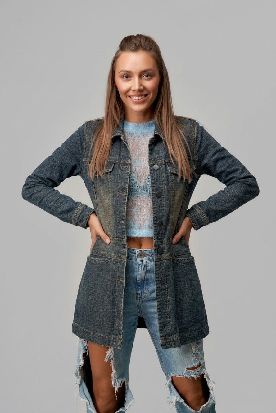 Dark Blue Long Sleeve Denim Jacket Long Length Button Front